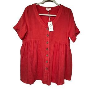 Ott Hot Coral‎ Button Up Women's Medium V Neck Short Sleeve Top